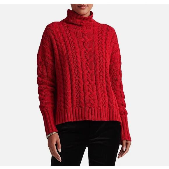 Lauren Ralph Lauren Women’s M Red Cable-Knit Pullover Turtleneck Sweater NEW - Picture 1 of 8